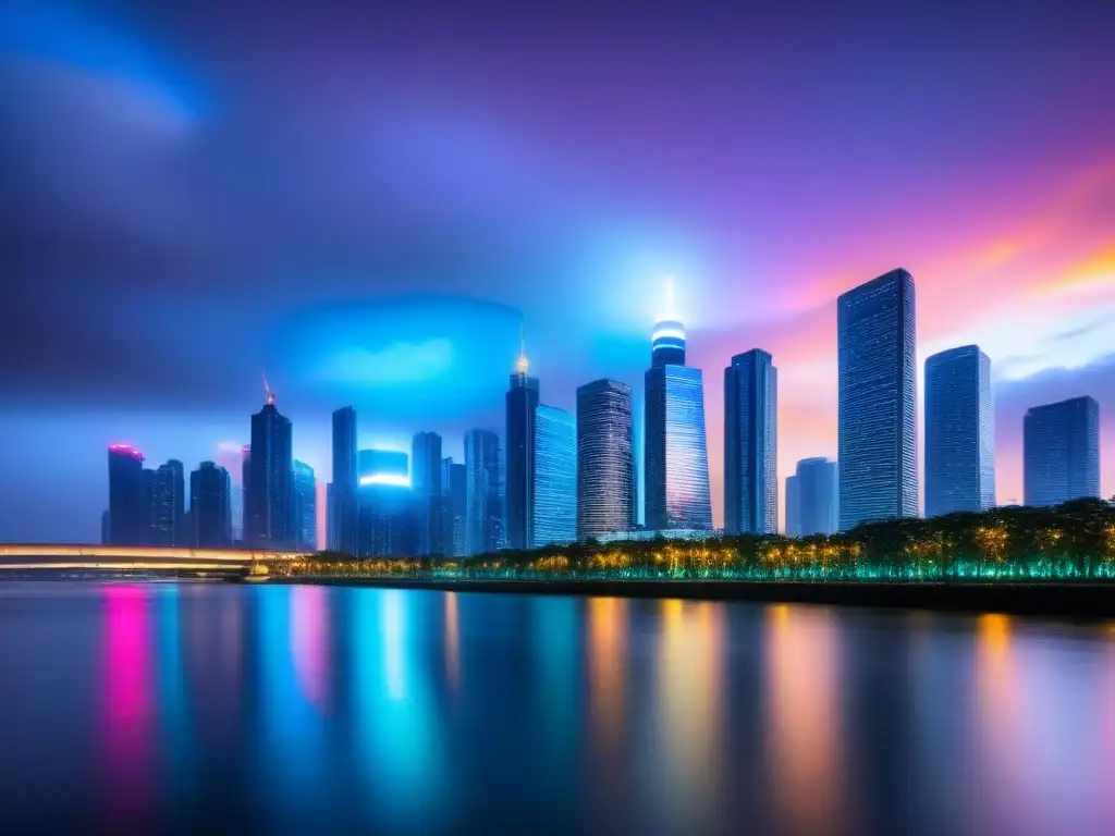 Horizonte urbano: luces y modernidad en la ciudad Luces de colores iluminan el moderno horizonte urbano al anochecer, reflejándose en el río