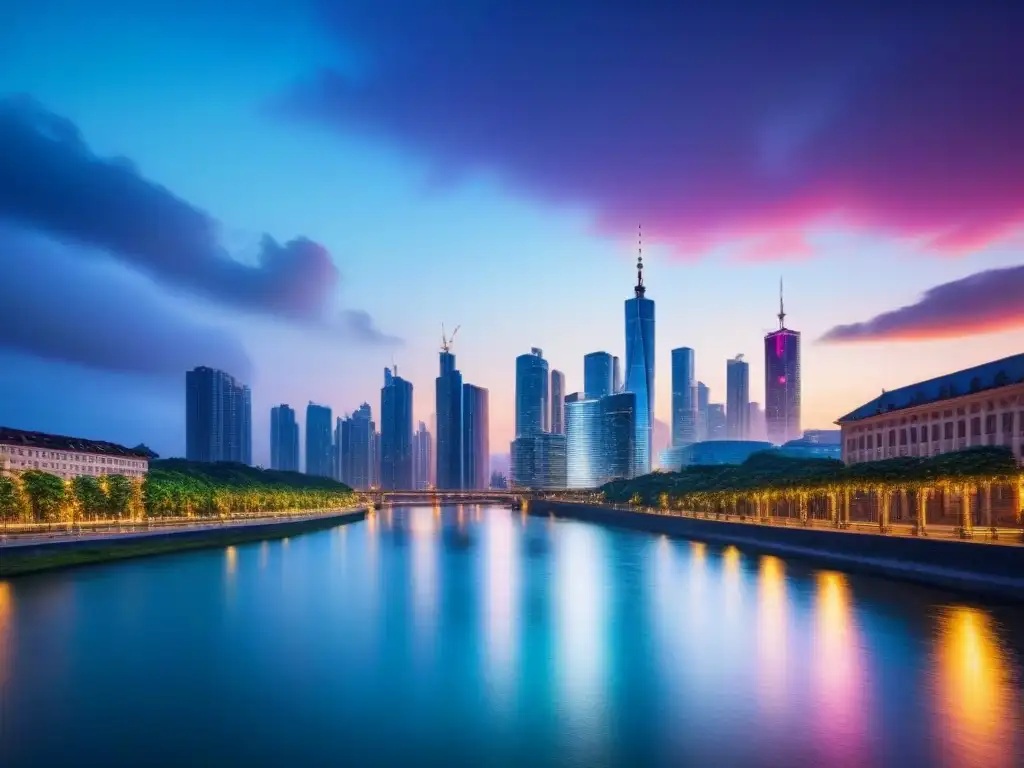 Horizonte urbano vibrante al atardecer: oportunidades de inversión única en el mercado inmobiliario internacional Luces coloridas iluminan rascacielos a orillas del río, símbolo de Oportunidades inversión mercado inmobiliario internacional