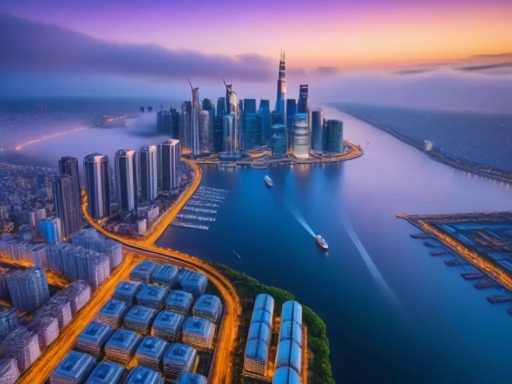 Horizonte de ciudad global: luces doradas al anochecer Luces doradas iluminan la ciudad global al atardecer, reflejando el dinamismo del mercado inmobiliario internacional