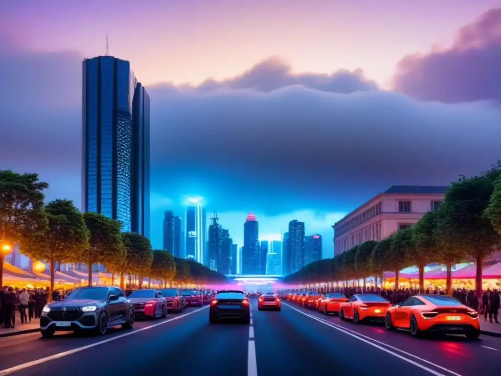 Horizonte urbano futurista iluminado por luces de neón Luces neón iluminan la ciudad futurista al anochecer, con autos inteligentes y peatones