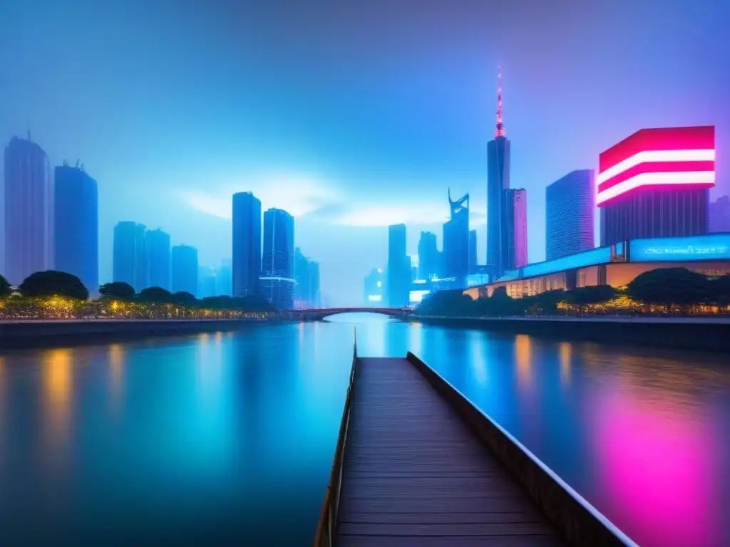 Metrópolis futurista: luces neón en río sereno Luces neón iluminan rascacielos en una ciudad futurista al atardecer, reflejándose en un río tranquilo