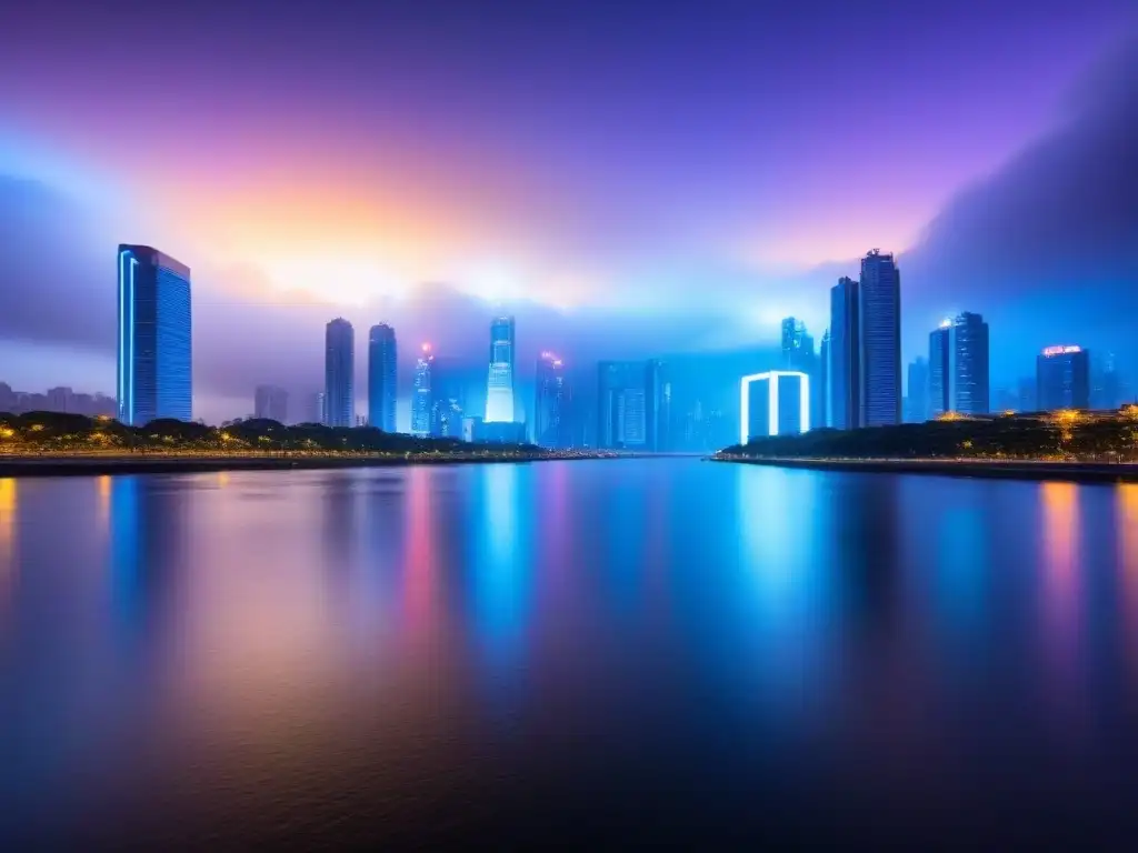 Horizonte urbano futurista al atardecer Luces neón iluminan rascacielos en una ciudad moderna al anochecer, reflejándose en un río tranquilo