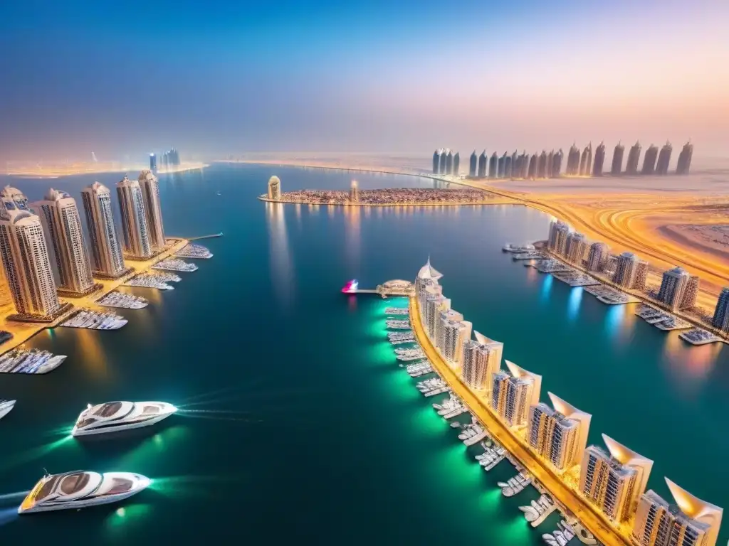 Marina de Dubai: lujo y modernidad nocturna Luces de la noche en el distrito de Dubai Marina, reflejadas en el agua, mostrando la opulencia de las inversiones inmobiliarias lujo Dubai