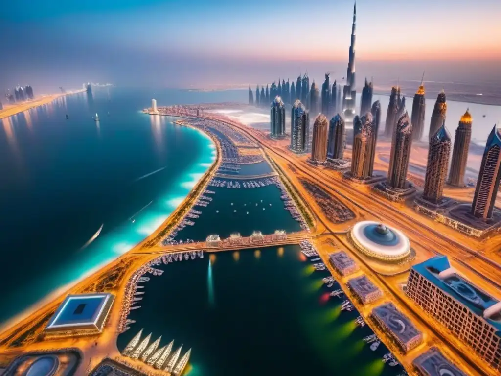 Espectacular skyline futurista de Dubai al anochecer Luces nocturnas en el skyline de Dubai, reflejadas en el Dubai Marina, con el Burj Khalifa destacando