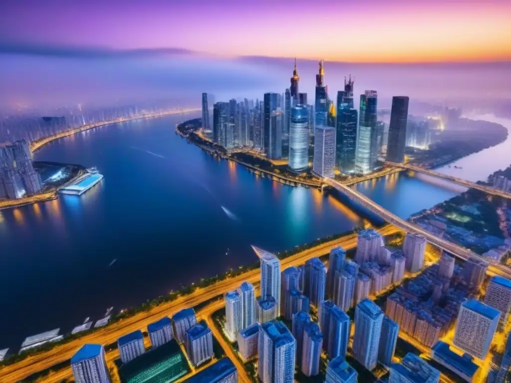 Vibrante metrópolis nocturna: inversión global en bienes raíces Luces vibrantes iluminan modernos rascacielos sobre un río tranquilo en una ciudad nocturna