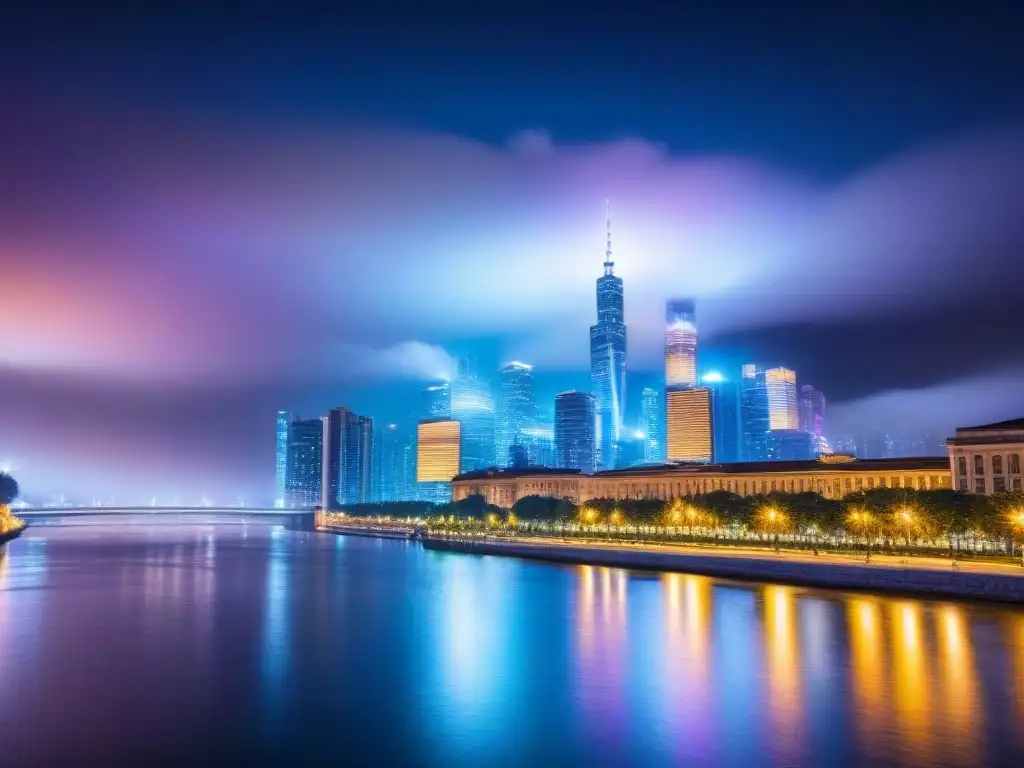 Horizonte urbano nocturno: luces vibrantes y tecnología AI en inversión inmobiliaria internacional Luces vibrantes iluminan el skyline nocturno de la ciudad, reflejándose en el río
