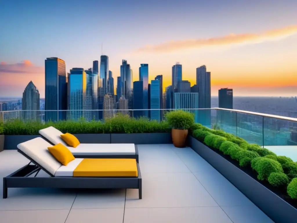 Jardín de lujo en azotea: modernidad y naturaleza urbana Un jardín de lujo en la azotea de un edificio alto, con mobiliario moderno y verde exuberante, con vista a la ciudad al atardecer