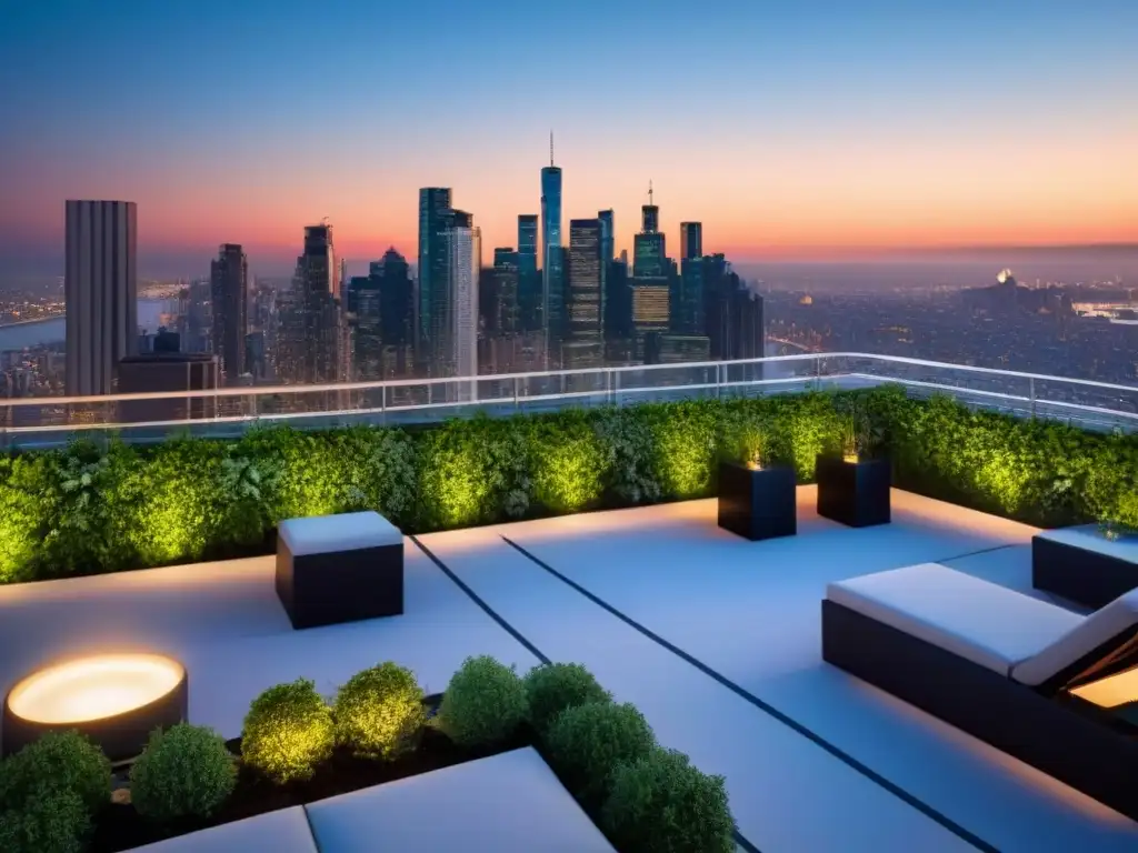 Penthouse de lujo con jardín sostenible y vista a la ciudad al atardecer Jardín de lujo en azotea con energía sostenible, vista de ciudad al atardecer
