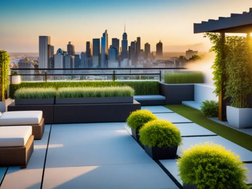 Jardín de lujo en azotea: oasis urbano al atardecer Jardín de lujo en azotea de propiedad multifamiliar, con vegetación exuberante, mobiliario elegante, BBQ y vistas panorámicas