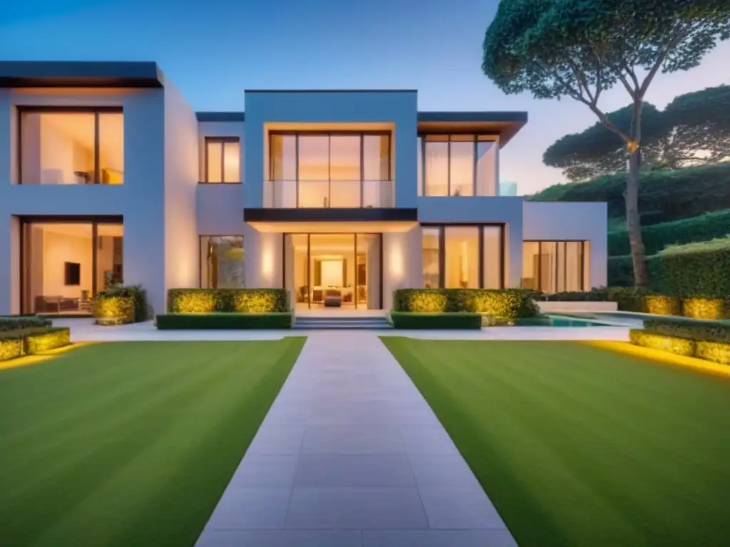 Residencia de lujo al anochecer: elegancia y sofisticación Mansión de lujo al anochecer, con diseño arquitectónico moderno, jardín impecable y entrada grandiosa