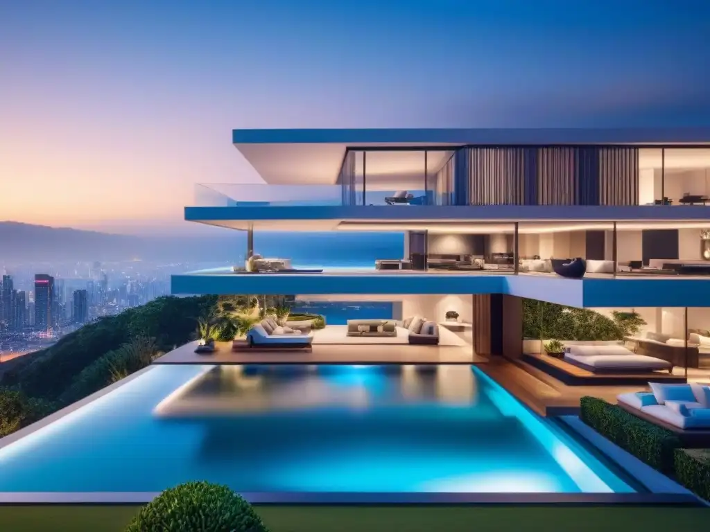 Residencia de lujo futurista en metrópolis nocturna Mansión de lujo futurista en metrópolis nocturna