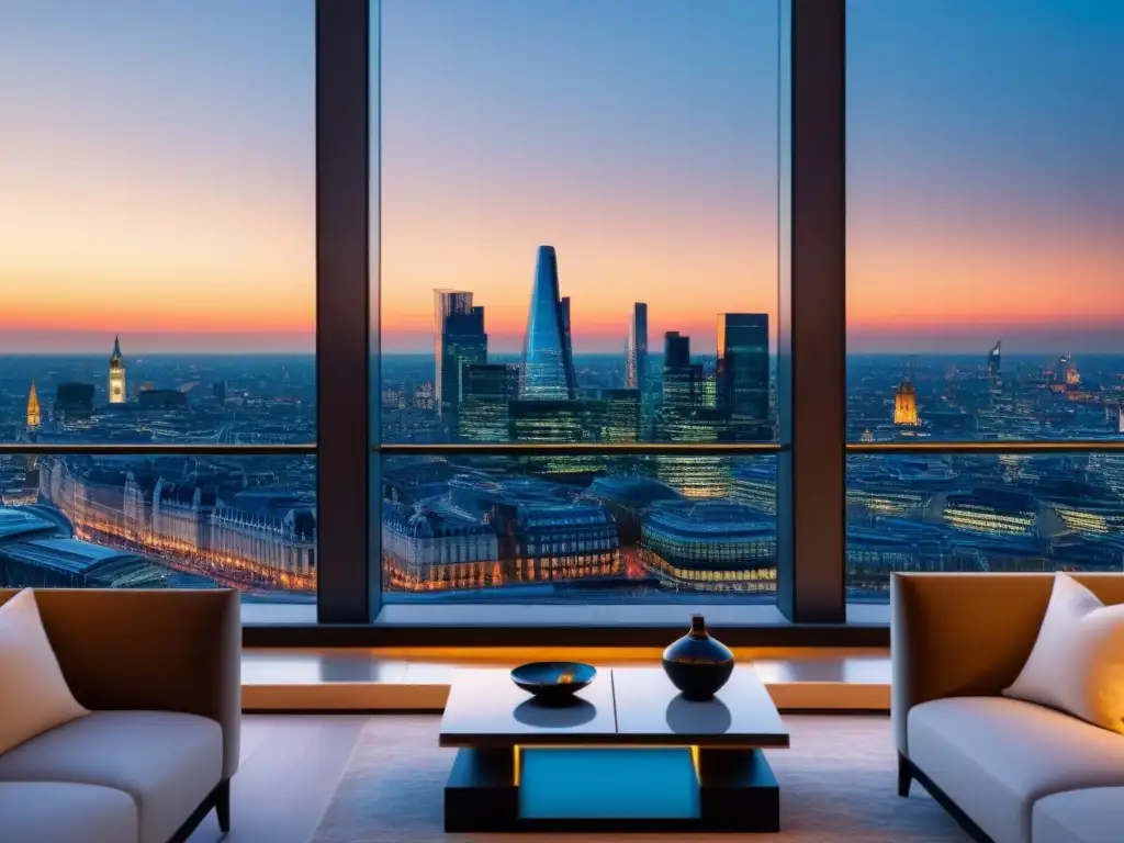 Exclusivo penthouse de lujo en Londres al atardecer Lujo en Londres: ático de diseño postBrexit con impresionantes vistas panorámicas y elegante interiorismo