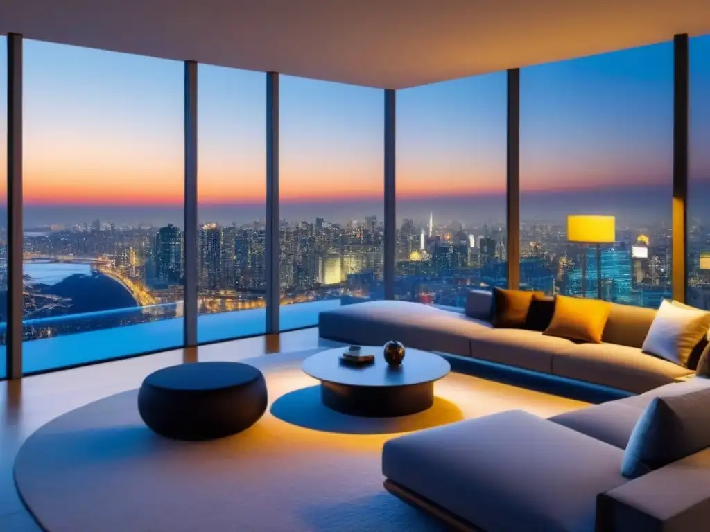 Exclusivo penthouse moderno con vistas panorámicas nocturnas Lujo y modernidad en penthouse con vista panorámica de ciudad de noche para inversionistas globales mercado inmobiliario internacional