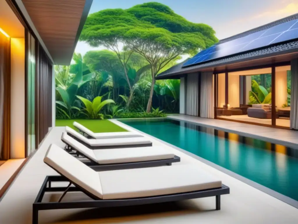 Villa ecofriendly de lujo en selva tropical del Sudeste Asiático Villa ecológica de lujo en Asia con paneles solares, jardín en la azotea y piscina integrada en el paisaje tropical