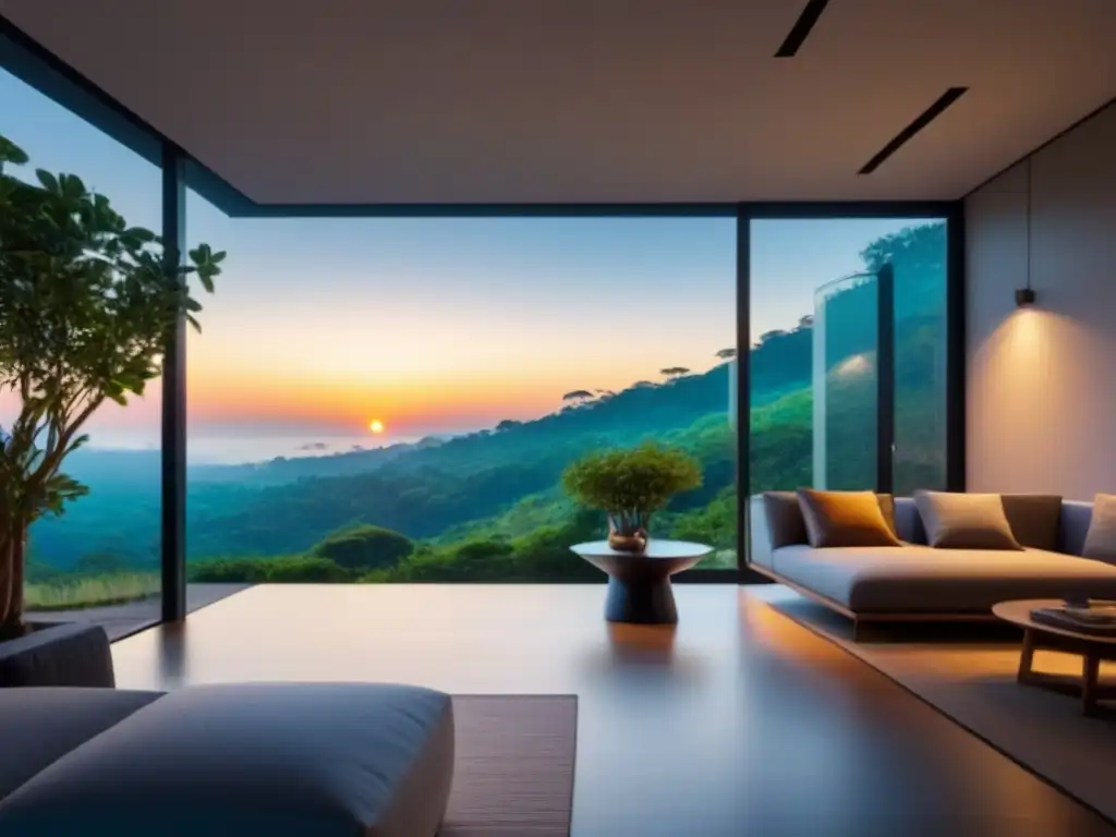 Villa ecológica de diseño lujoso en armonía con la naturaleza Villa ecológica de lujo con paneles solares y diseño moderno integrado en la naturaleza al atardecer