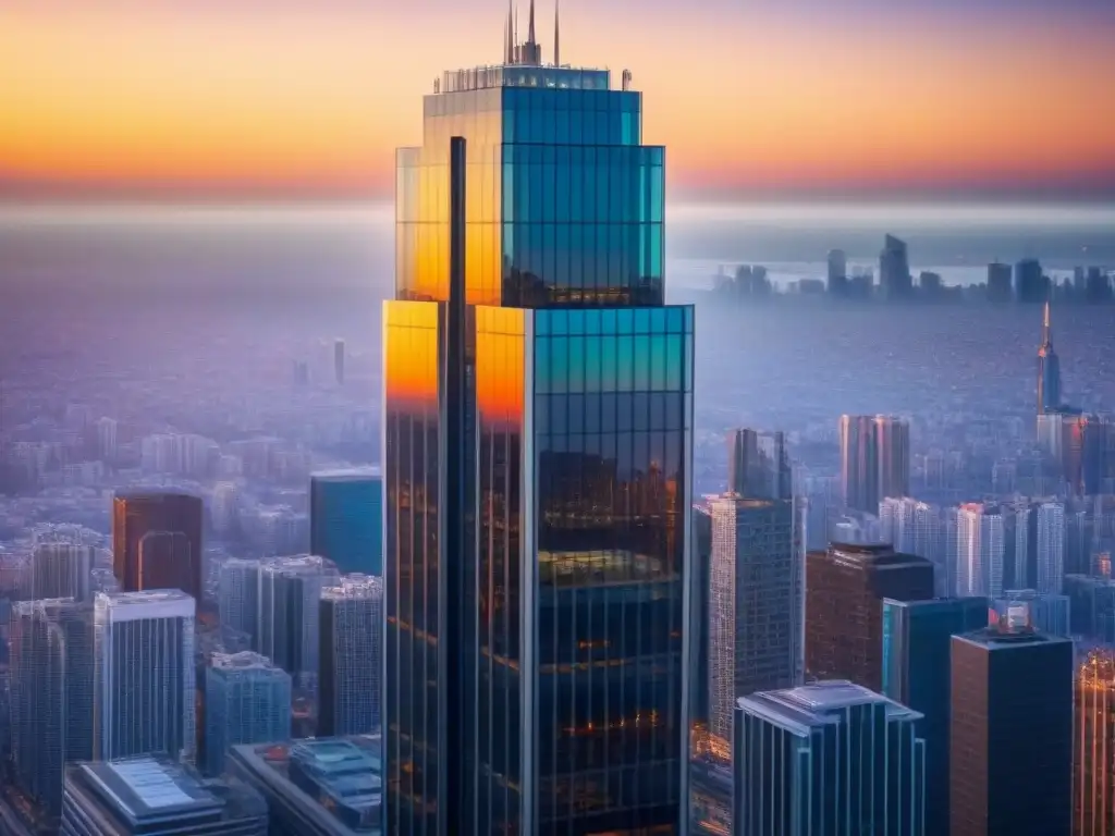 Rascacielos de cristal al atardecer: lujo y modernidad en la ciudad Transformación arquitectura vidrio lujo: un rascacielos de cristal refleja la ciudad al atardecer, fusionando luces y colores cálidos