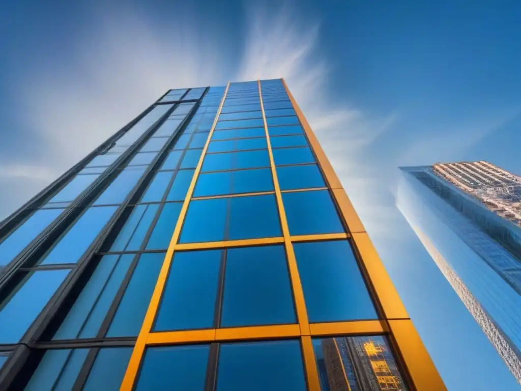 Espectacular rascacielos de vidrio en ciudad vibrante Transformación arquitectura vidrio lujo: Un rascacielos moderno de vidrio, con diseño geométrico único y jardín en el techo al atardecer