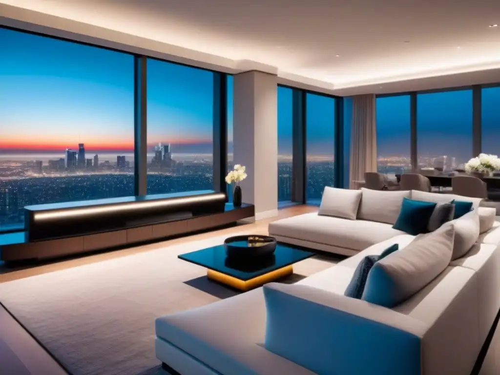 Sala de estar inteligente y moderna con vista panorámica Salón domótico de lujo con vistas a la ciudad y tecnología avanzada