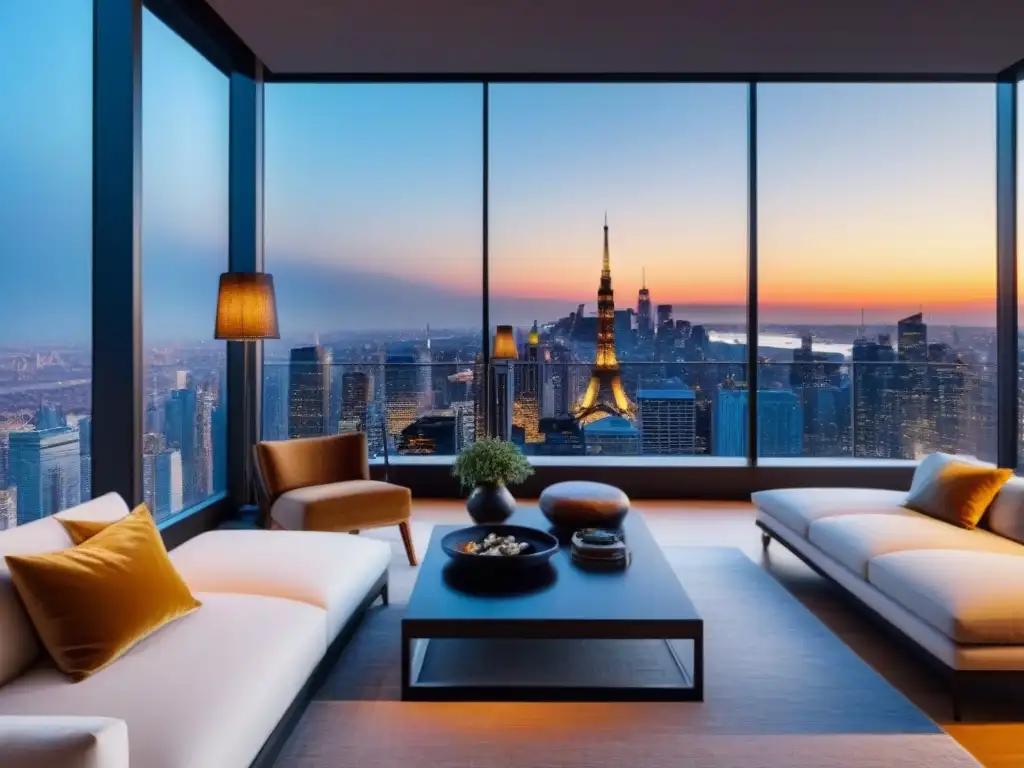 Penthouse de lujo con vista a la ciudad y atardecer espectacular Una lujosa azotea moderna con vista a la ciudad, diseño elegante y atardecer cálido