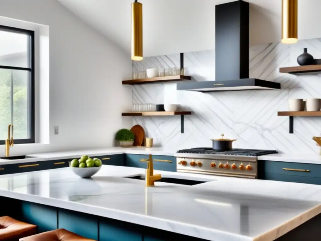Renovación lujosa de cocina con mármol blanco y detalles dorados Una lujosa renovación de cocina con diseño moderno, mostrando elegantes detalles en mármol blanco y electrodomésticos de acero inoxidable