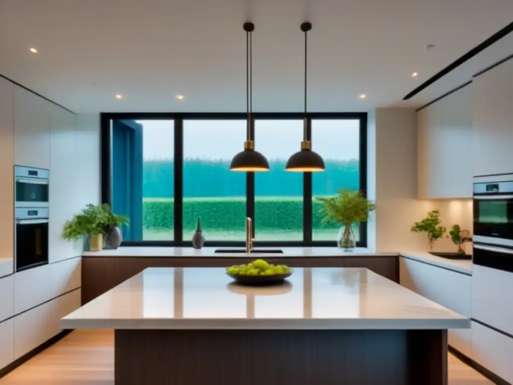 Renovación lujosa de cocina con mármol blanco y luz natural Renovación lujosa cocina moderna con encimeras mármol blanco, electrodomésticos inox y isla central bajo elegantes luces colgantes