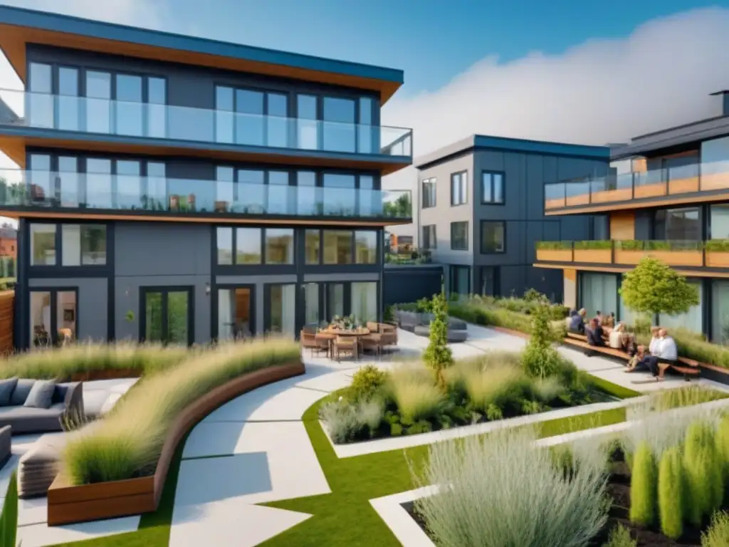 Comunidad de cohousing moderna: jardín vibrante y sostenible Una lujosa comunidad de cohousing moderna y sostenible con un espacio compartido al aire libre, jardín en la azotea y residentes disfrutando juntos