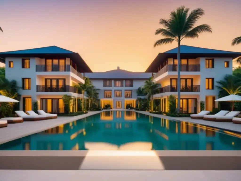 Condominio de lujo con diseño moderno en entorno tropical Una lujosa construcción moderna rodeada de palmeras, con una piscina cristalina al atardecer