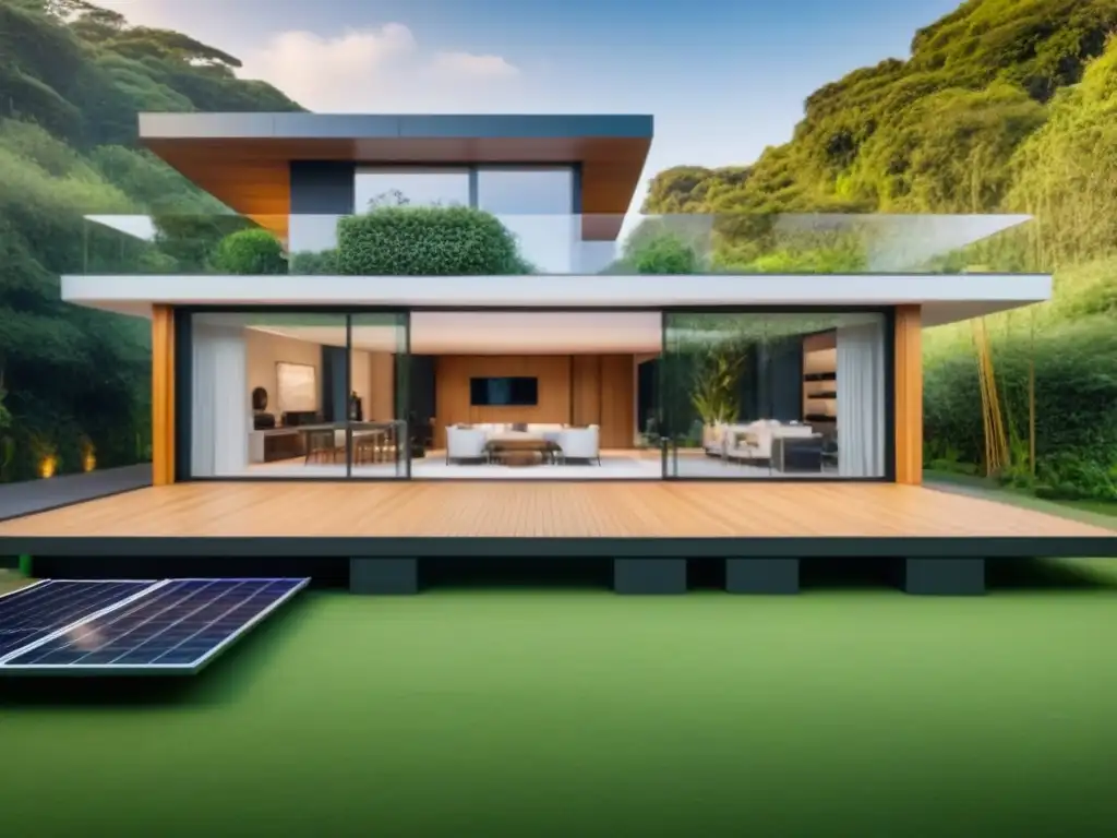 Residencia ecofriendly de lujo con diseño moderno y sostenible Una lujosa mansión ecológica rodeada de vegetación exuberante y paneles solares en el techo