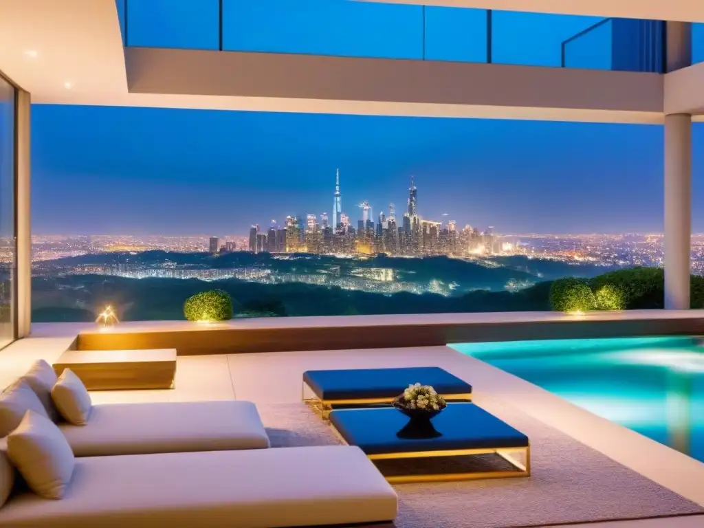 Residencia de lujo con vista panorámica nocturna a la ciudad Una lujosa mansión moderna con vistas panorámicas de la ciudad de noche