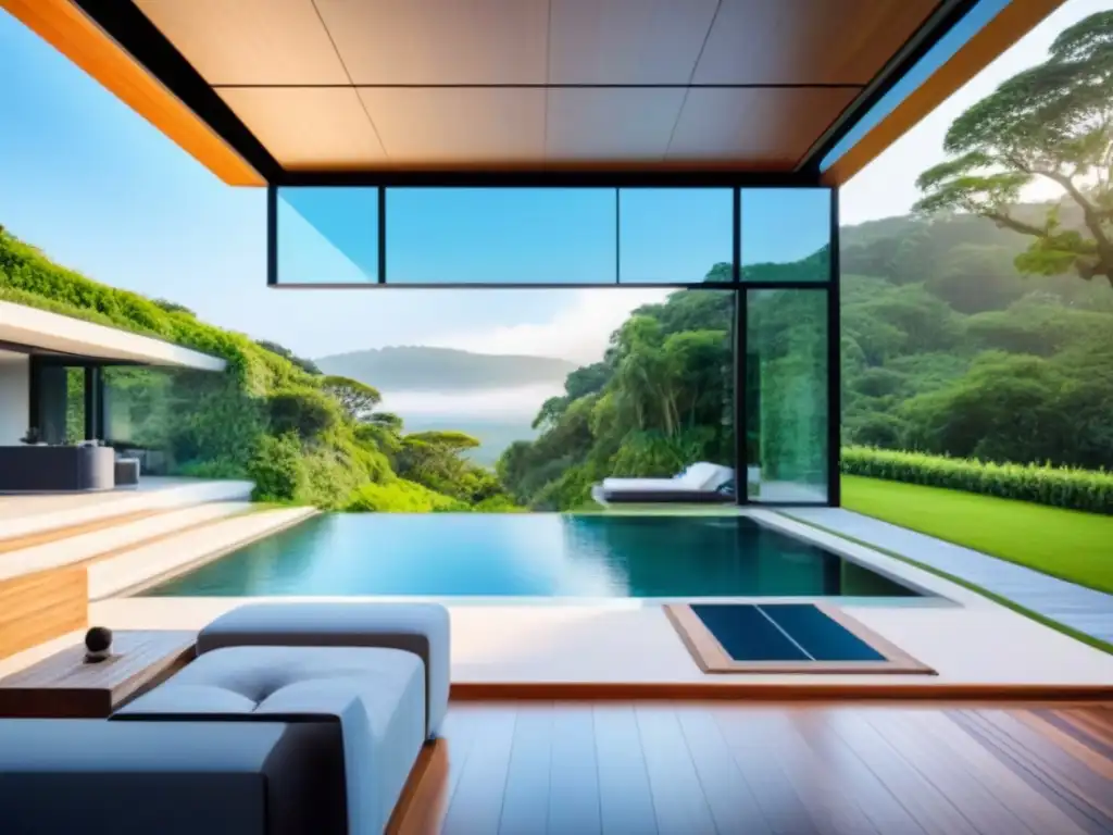 Mansión ecológica de lujo con diseño moderno y sostenible Una lujosa mansión sostenible con diseño moderno, rodeada de naturaleza, paneles solares y un auto eléctrico Tesla