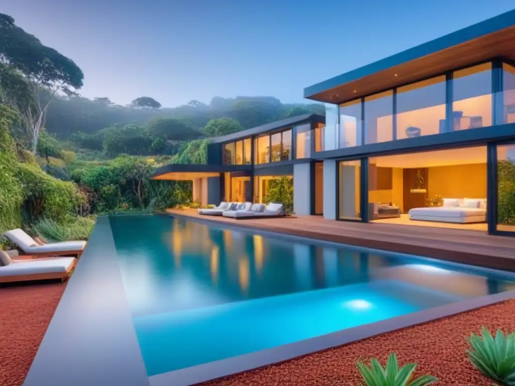 Mansión eco-lujosa: diseño innovador y sostenible en entorno natural Una lujosa mansión sostenible en medio de exuberante vegetación, con paneles solares integrados, ventanas panorámicas y piscina infinita