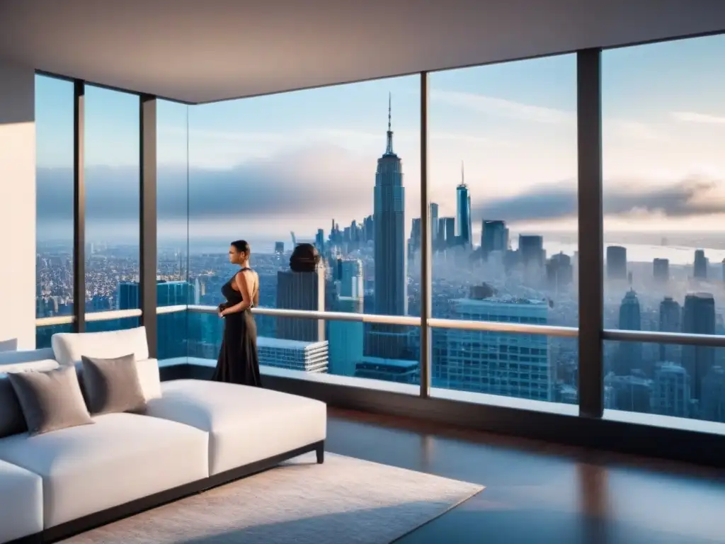 Penthouse de lujo con diseño moderno y vistas panorámicas de la ciudad Una lujosa penthouse moderna con diseño interior elegante y toques futuristas, en una ciudad bulliciosa