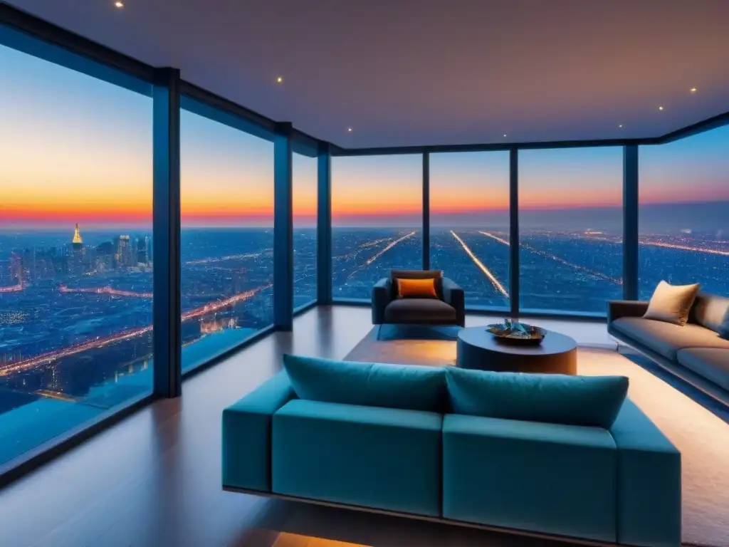 Una lujosa penthouse moderna con vista a la ciudad, decoración elegante y exclusiva