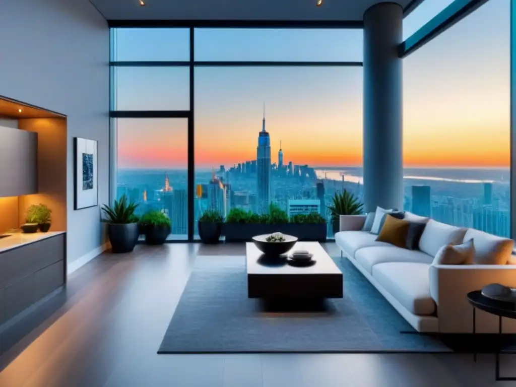 Penthouse de lujo con vistas a la ciudad Una lujosa penthouse moderna con vista a la ciudad, elegante diseño y terraza espaciosa