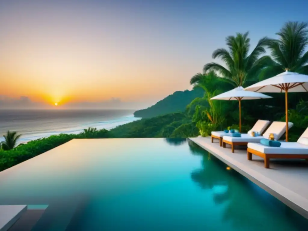Paraíso tropical: piscina infinita de lujo en playa de ensueño Una lujosa piscina infinita en una playa de arena blanca, rodeada de vegetación tropical y un elegante bar al aire libre al atardecer