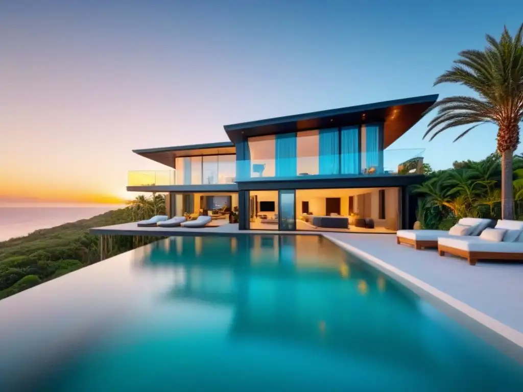 Propiedad vacacional moderna en paraíso costero | 8k Una lujosa propiedad de alquiler vacacional junto al mar, rodeada de palmeras, con piscina infinita y diseño contemporáneo