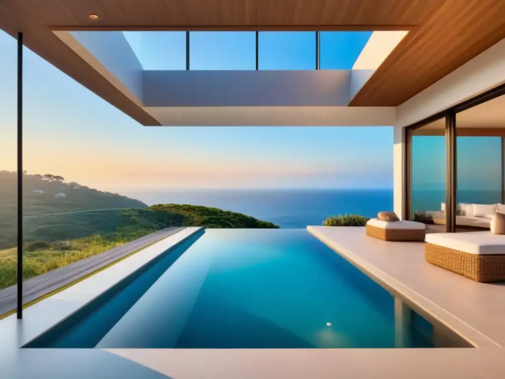 Villa de lujo con piscina infinita y vistas costeras al atardecer Una lujosa propiedad de alquiler vacacional con piscina infinita, decoración elegante y vista costera al atardecer