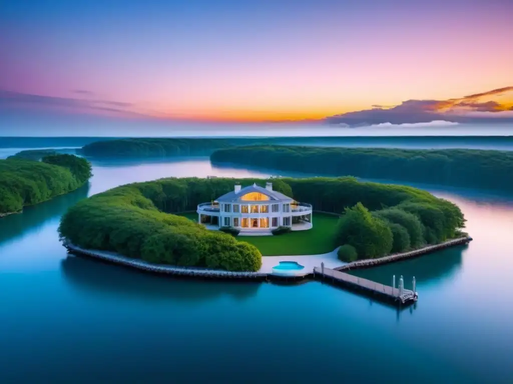 Residencia de lujo con muelle privado y yate en América del Norte Una lujosa propiedad frente al agua en Norteamérica con mansión moderna, muelle privado con yate y exuberante vegetación