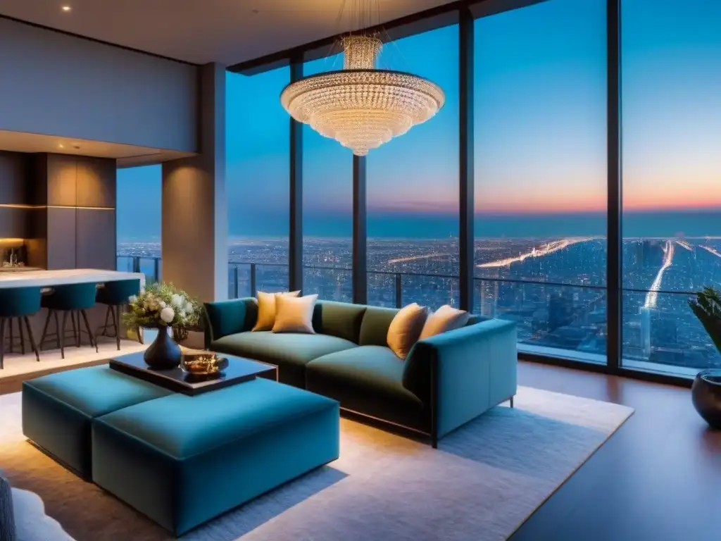 Penthouse de lujo con vistas panorámicas al atardecer Una lujosa propiedad de lujo con vista a la ciudad al atardecer, diseño elegante y acabados de alta gama