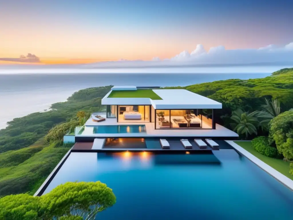 Propiedad de lujo frente al mar en Norteamérica Una lujosa propiedad moderna frente al mar en Norteamérica con piscina infinita privada y pareja disfrutando de la vista