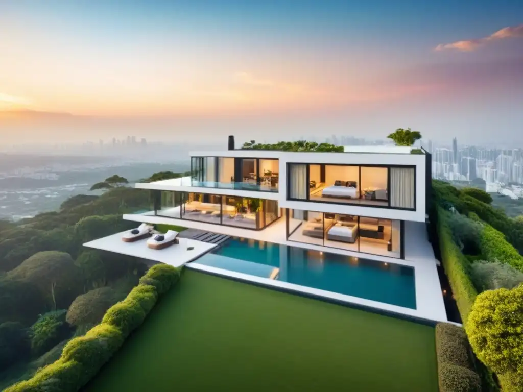 Exclusiva propiedad de lujo al atardecer con vistas a la ciudad Una lujosa propiedad moderna rodeada de vegetación, con piscina infinita, ventanales y paisajismo impecable al atardecer