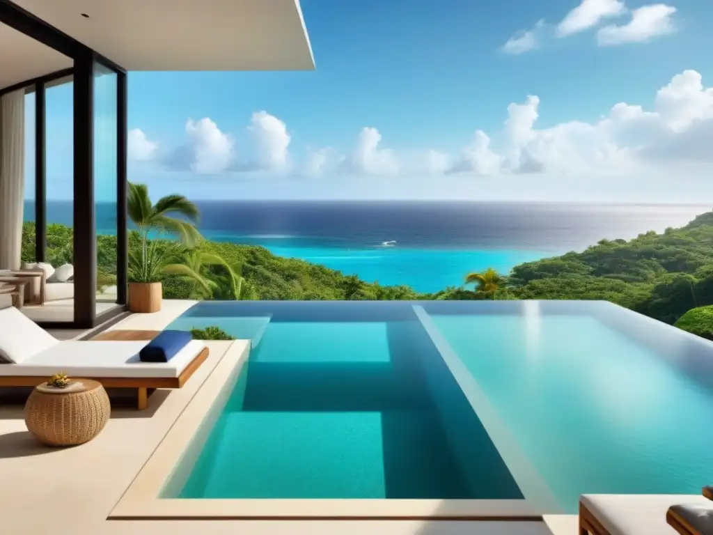Paraíso vacacional de lujo: Infinity pool y vistas al mar turquesa Una lujosa propiedad vacacional frente a aguas turquesas, con piscina infinita y moderna arquitectura