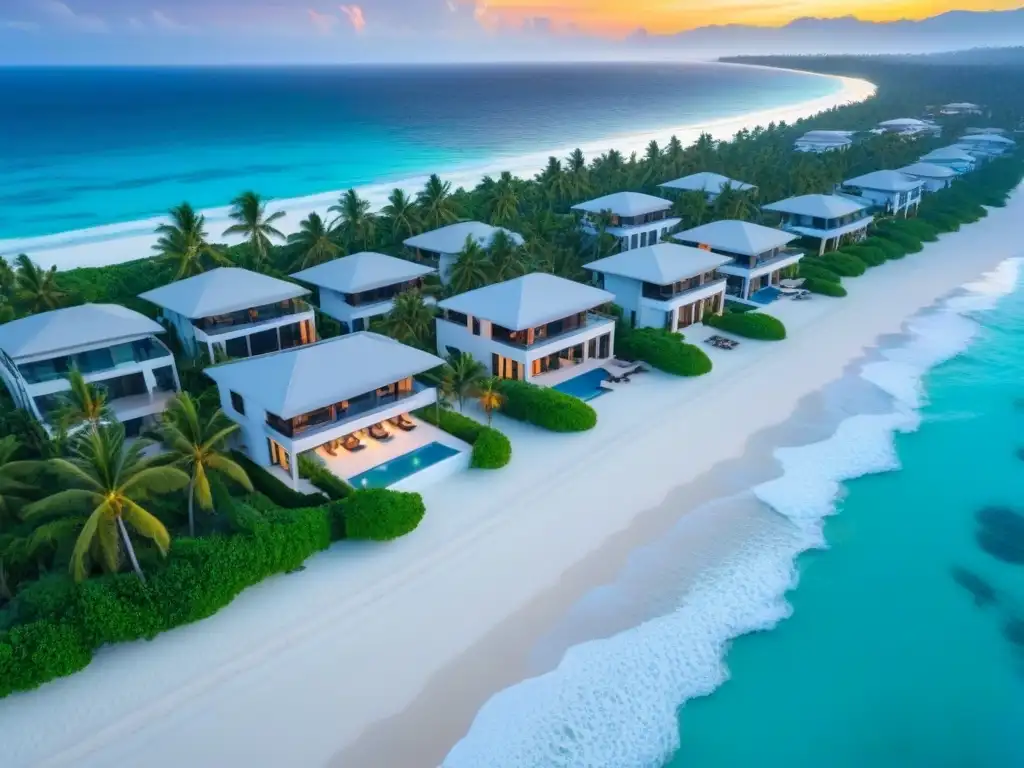 Villa de lujo frente al mar: atardecer dorado y aguas turquesas Una lujosa propiedad vacacional frente a la playa con diseño moderno y vistas panorámicas al mar