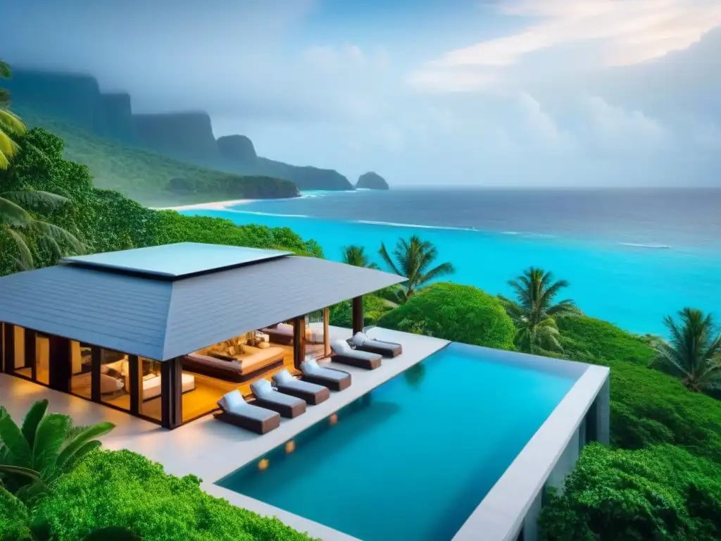 Villa de lujo con infinity pool y vistas al mar turquesa Una lujosa propiedad vacacional internacional con infinity pool, rodeada de exuberante vegetación tropical y vistas al mar turquesa