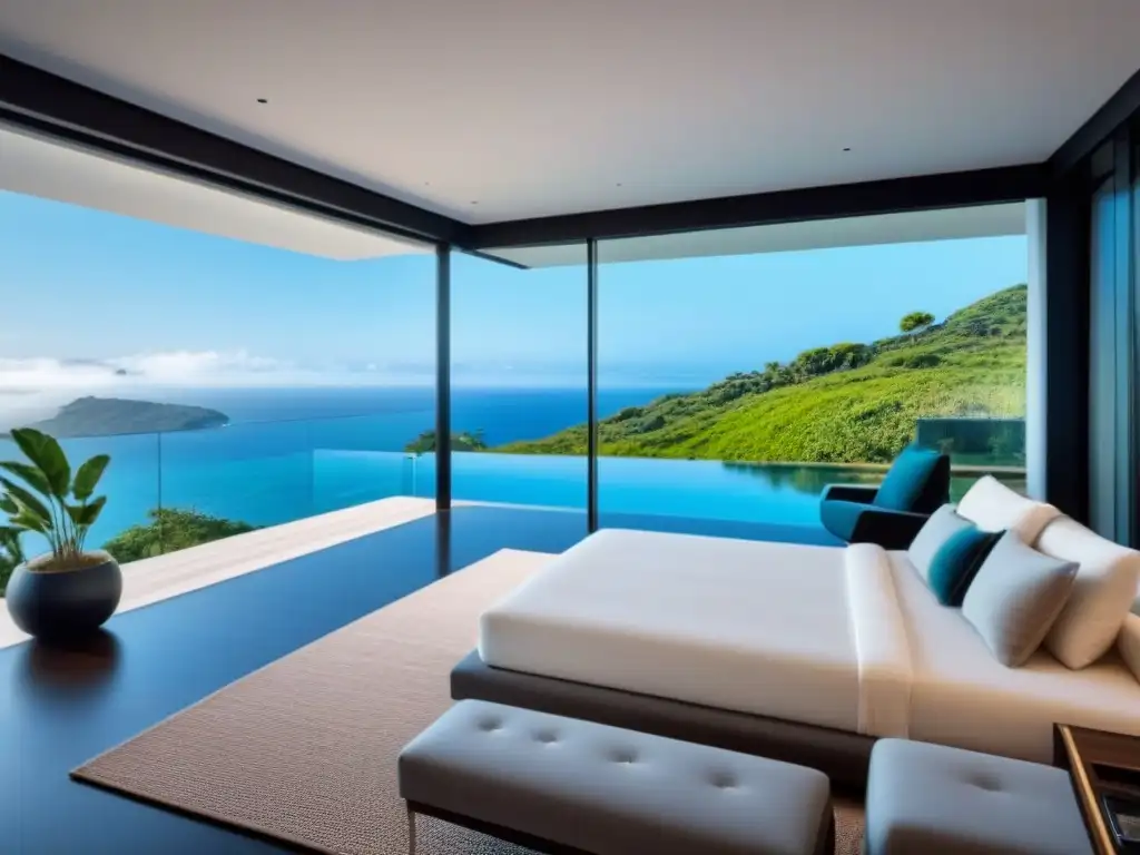 Propiedad vacacional de lujo con tecnología 8k y vistas panorámicas Una lujosa propiedad vacacional moderna con tecnologías emergentes en el mercado inmobiliario, rodeada de exuberante vegetación y vistas al océano