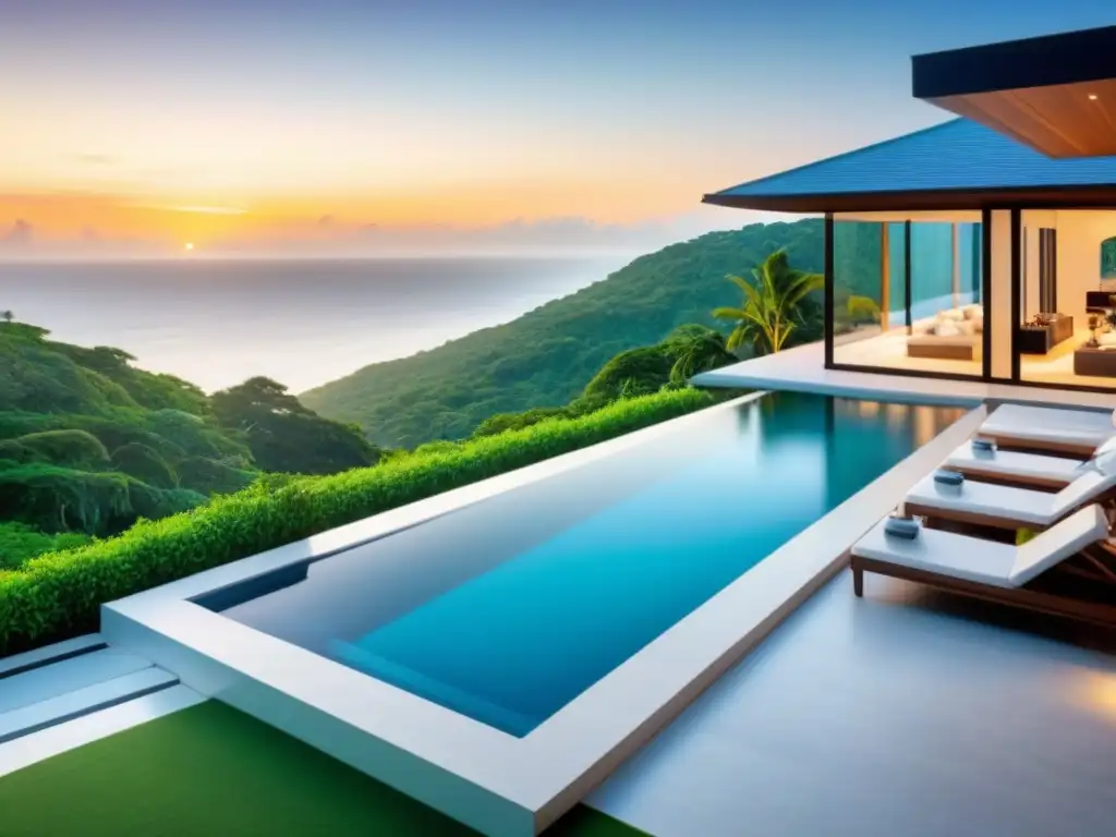 Propiedad de lujo: oasis vacacional con piscina y vista al mar Una lujosa propiedad vacacional con piscina, áreas al aire libre y vista al atardecer sobre el océano