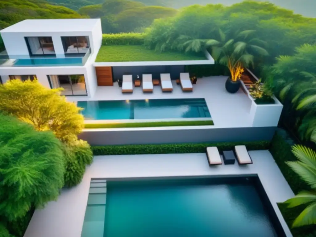 Propiedad vacacional de lujo en entorno natural Una lujosa propiedad vacacional rodeada de exuberante vegetación, con piscina y mobiliario elegante al atardecer