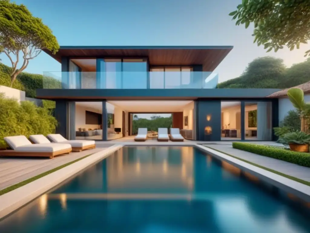 Propiedad vacacional de lujo: relax y exclusividad en entorno natural Una lujosa propiedad vacacional rodeada de vegetación exuberante y una piscina reluciente, ideal para estrategias marketing inmobiliario internacional