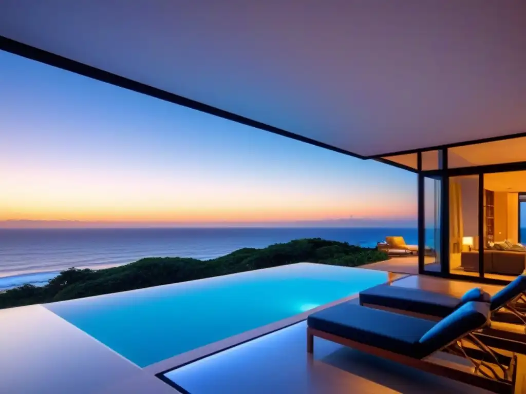 Propiedad de lujo frente al mar: exclusividad y relax Una lujosa propiedad vacacional con vista a la playa al atardecer