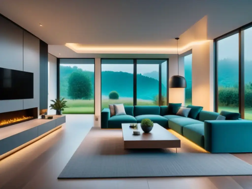 Una lujosa sala de estar en una casa inteligente para inversores internacionales, con diseño moderno y tecnología avanzada